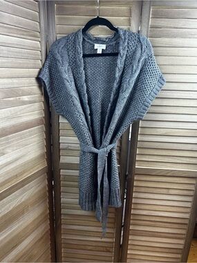 LOFT Gray Cable Knit Belted Open Cardigan Sweater Vest Alpaca Wool M